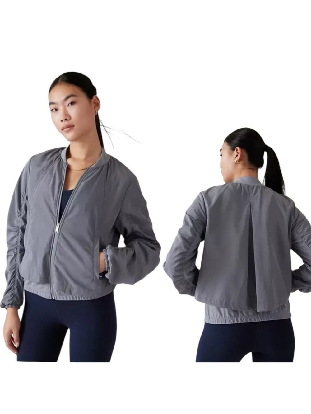 Athleta Gray Bomber Jacket Ruched Sleeve Lightweight Athleisure Size M